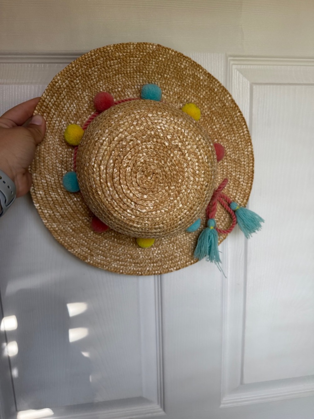 Matilda Jane Natural Straw Hat with Turquoise, Yellow, Pink Pom Poms